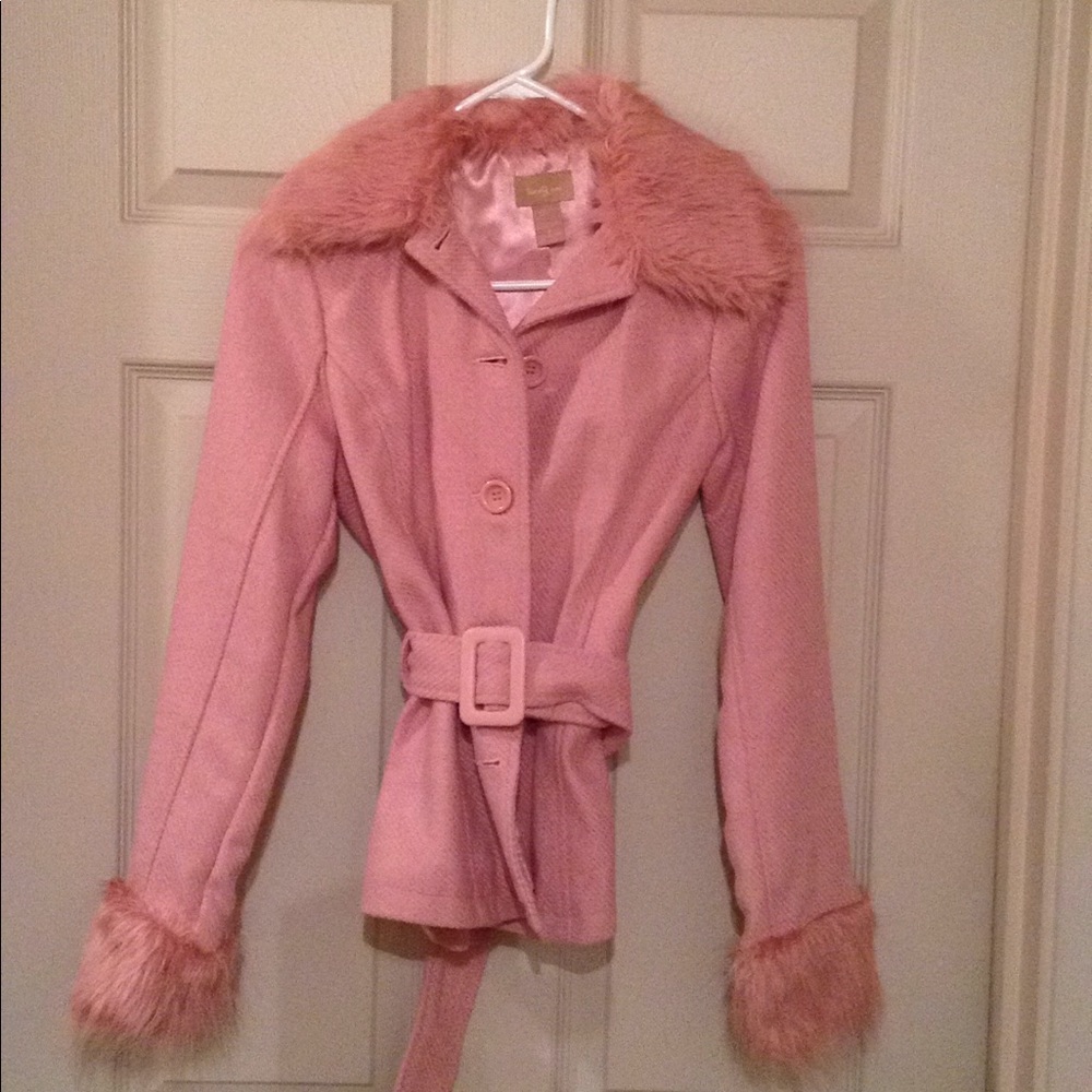 Pink coat with faux fur trim. Never worn. Petite.